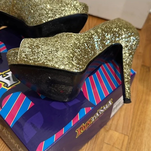 Fun Taisma Gold Glitter Peep-Toe Pump High Heels shoes Sz 9 original box - Picture 6 of 11